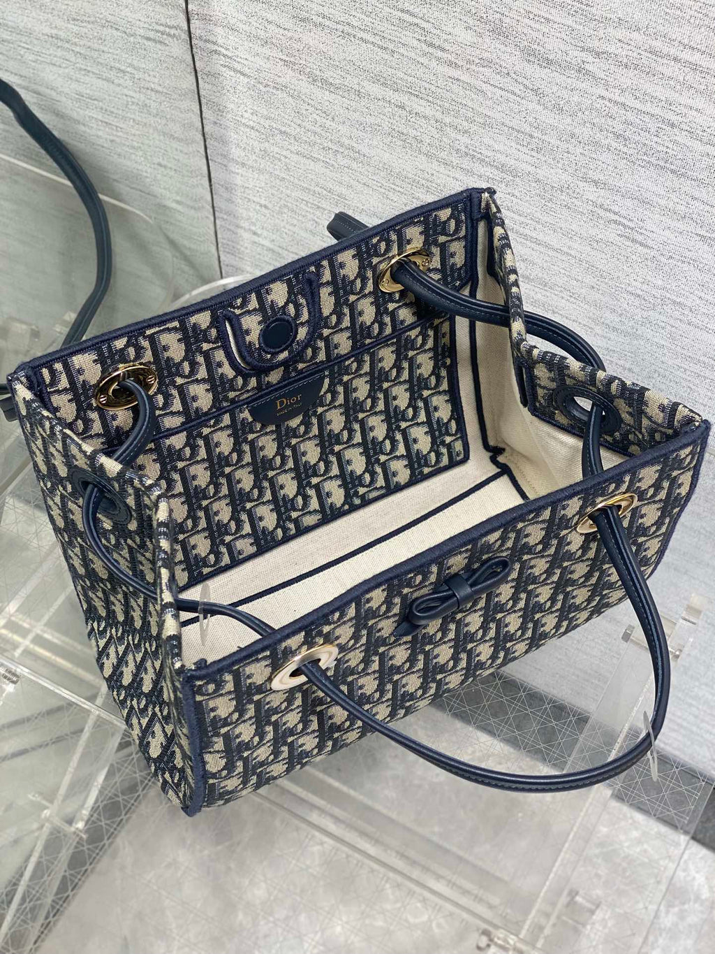 Dior 2026 Spring Summer Oblique Jacquard Tote Bag with Bow Navy Blue