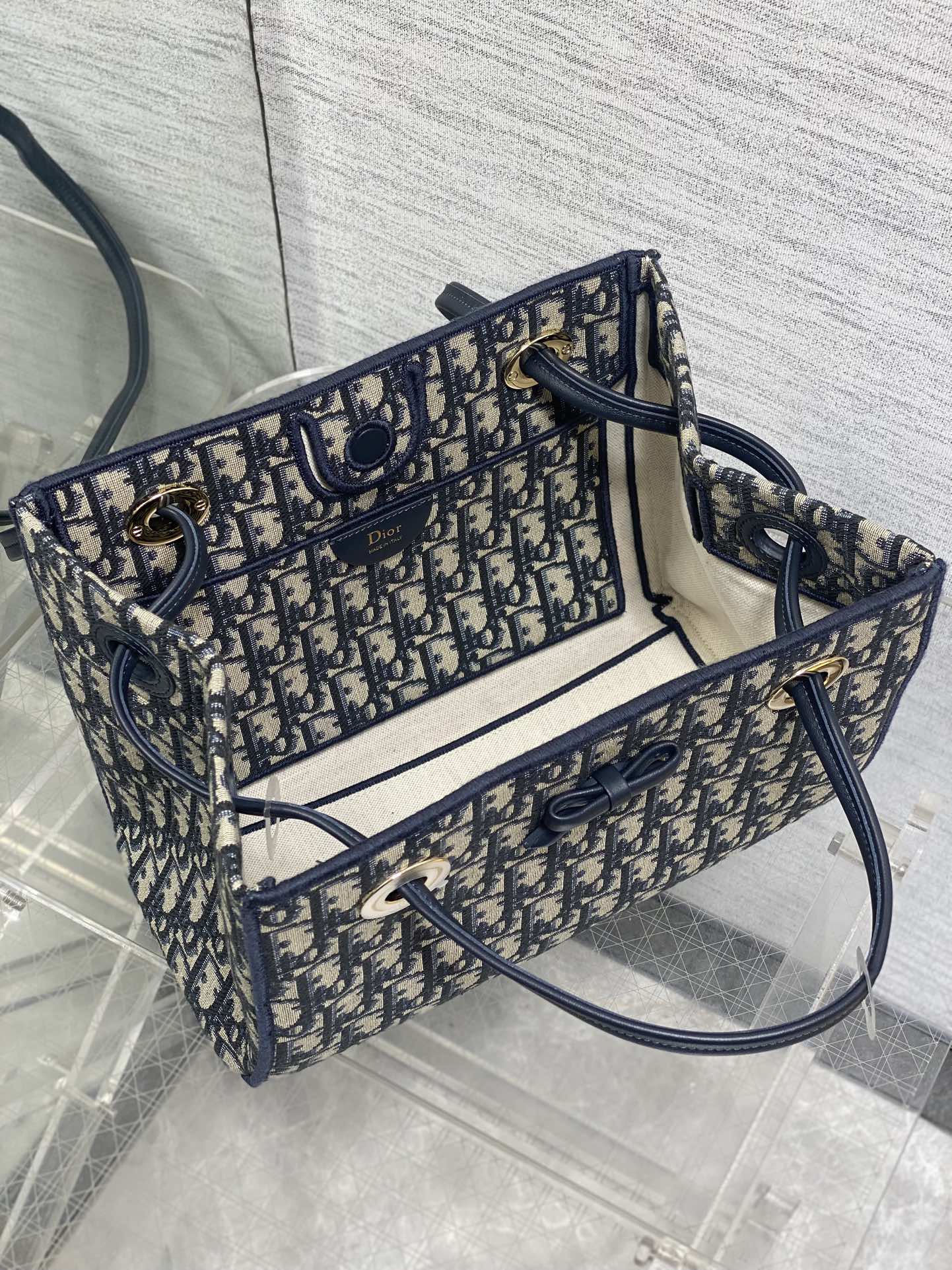 Dior 2026 Spring Summer Oblique Jacquard Tote Bag with Bow Navy Blue