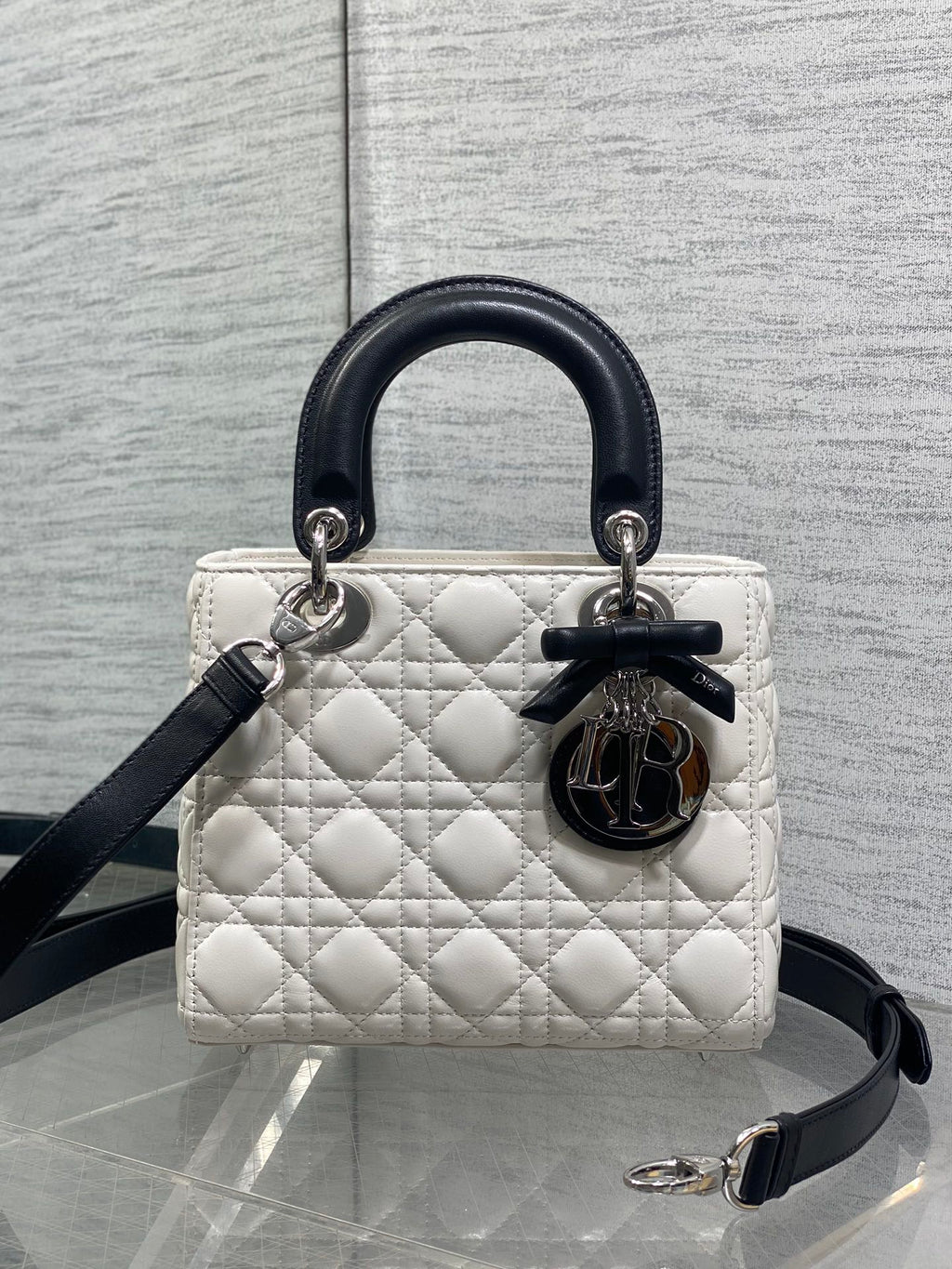 Dior Lady Dior Medium Bag White Cannage Lambskin Black Handle Bow Silver Hardware