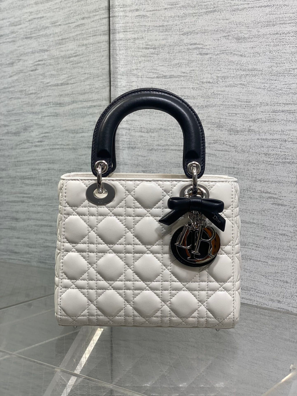 Dior Lady Dior Medium Bag White Cannage Lambskin Black Handle Bow Silver Hardware