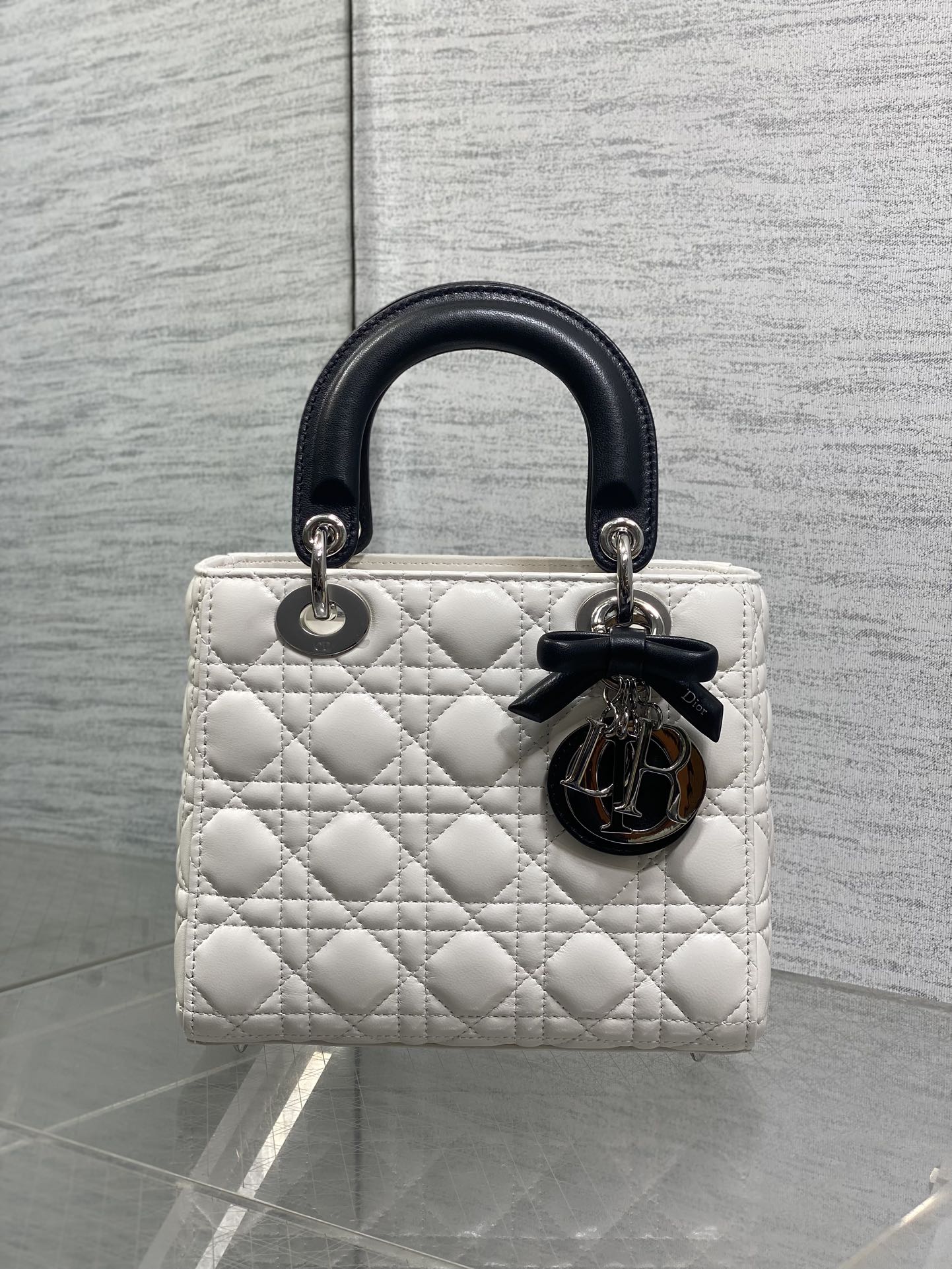 Dior Lady Dior Medium Bag White Cannage Lambskin Black Handle Bow Silver Hardware