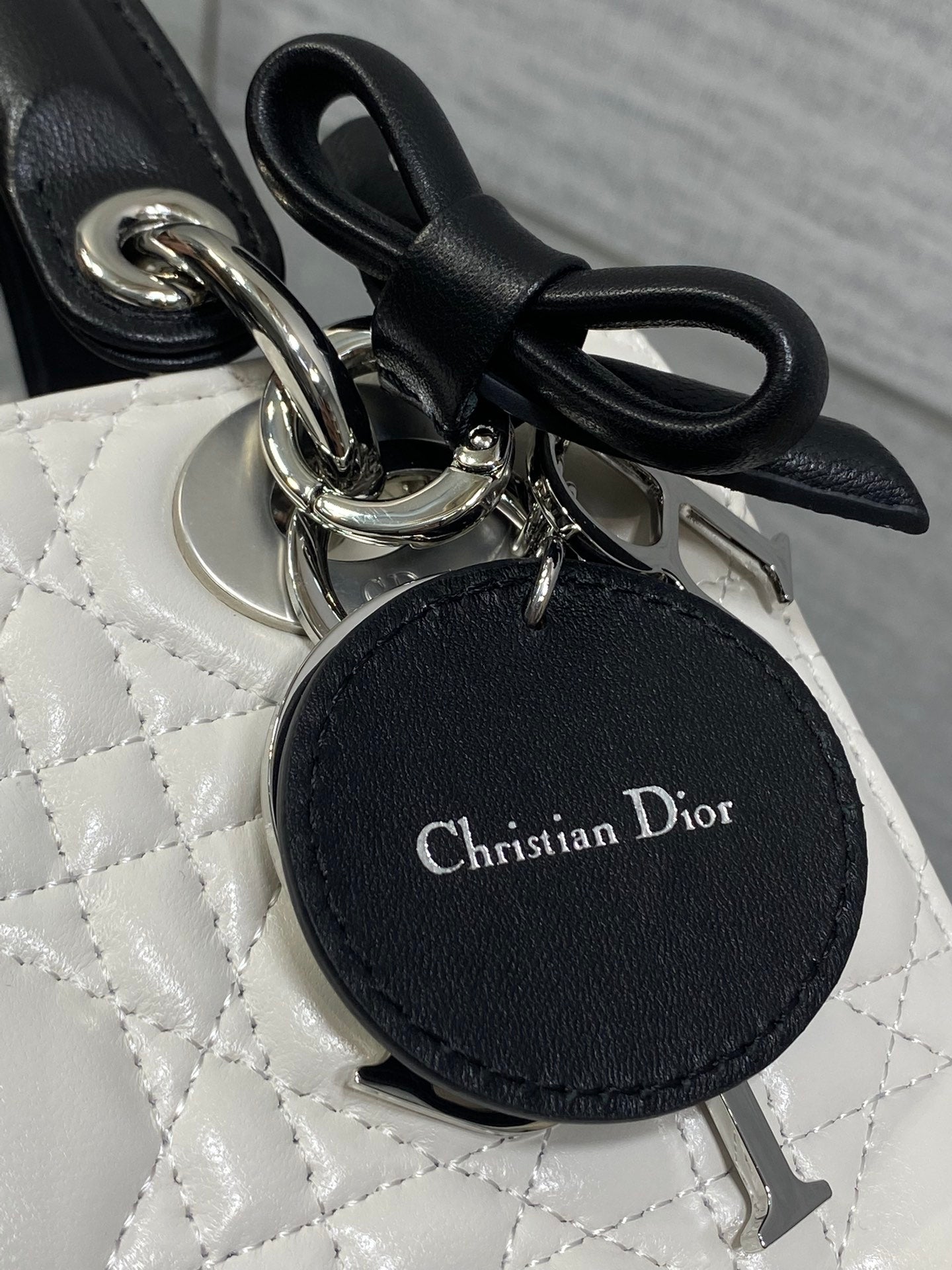 Dior Lady Dior Medium Bag White Cannage Lambskin Black Handle Bow Silver Hardware