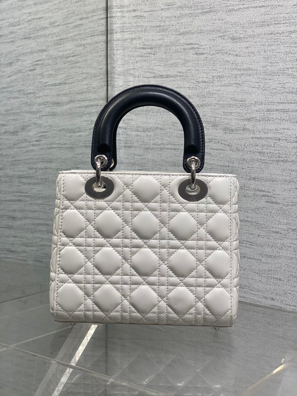 Dior Lady Dior Medium Bag White Cannage Lambskin Black Handle Bow Silver Hardware