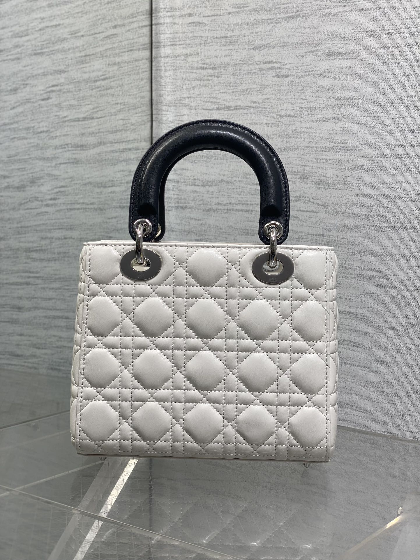 Dior Lady Dior Medium Bag White Cannage Lambskin Black Handle Bow Silver Hardware