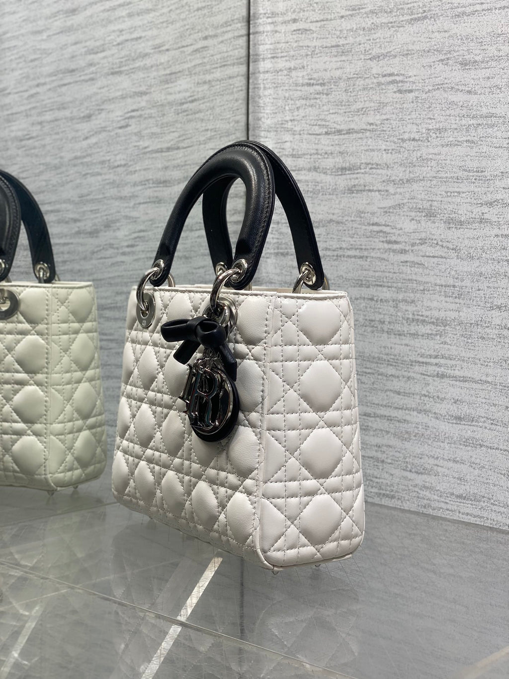 Dior Lady Dior Medium Bag White Cannage Lambskin Black Handle Bow Silver Hardware