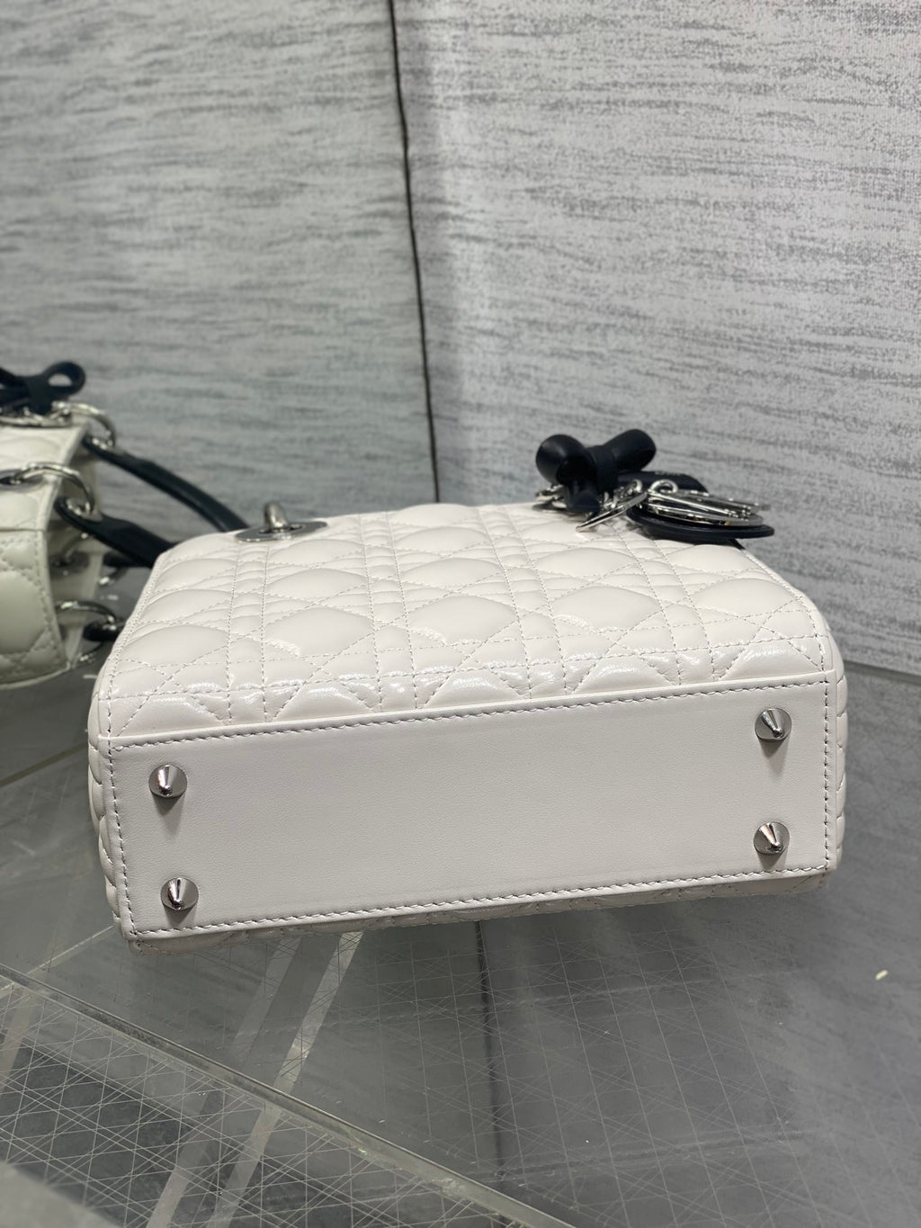 Dior Lady Dior Medium Bag White Cannage Lambskin Black Handle Bow Silver Hardware