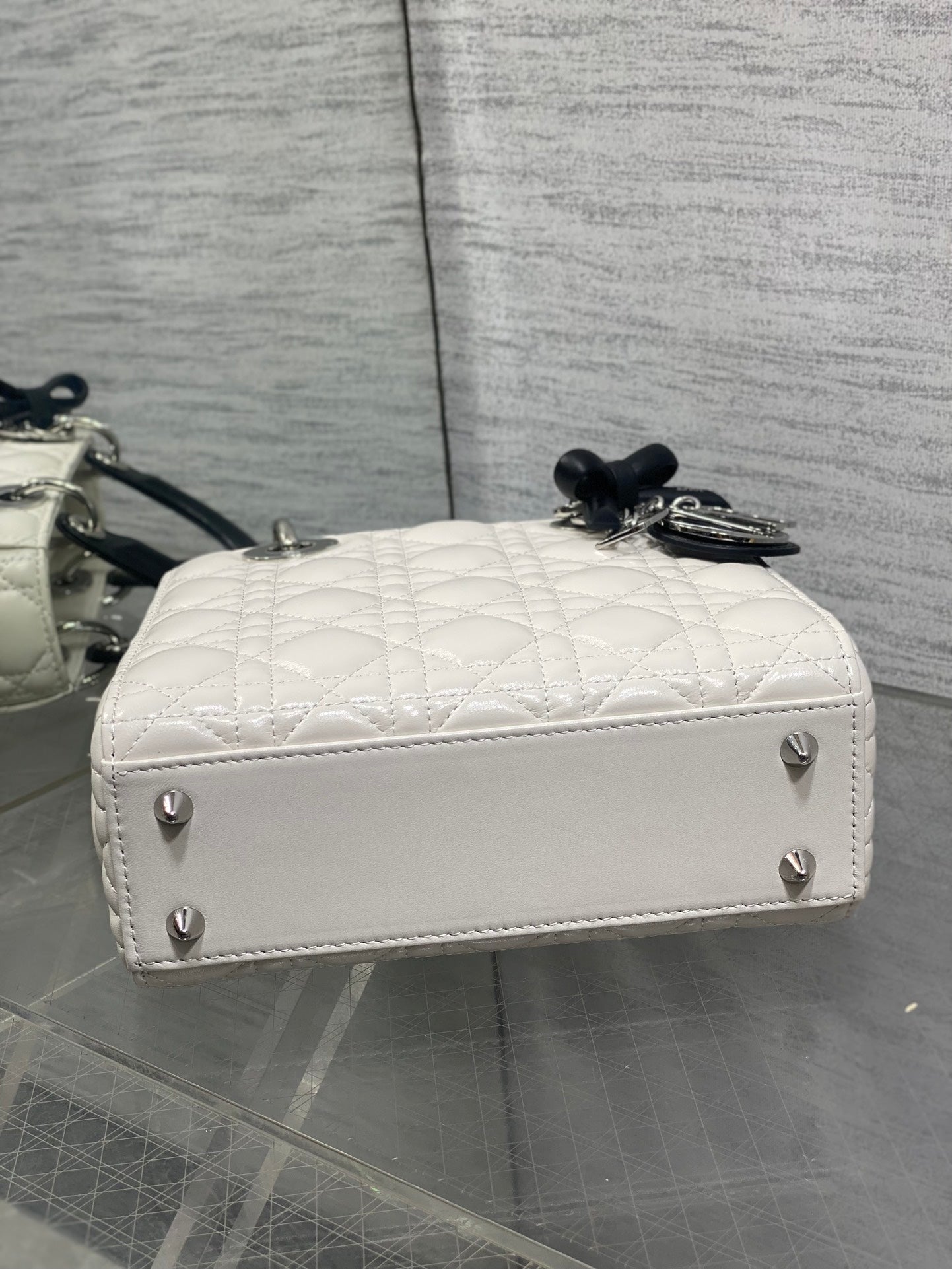 Dior Lady Dior Medium Bag White Cannage Lambskin Black Handle Bow Silver Hardware
