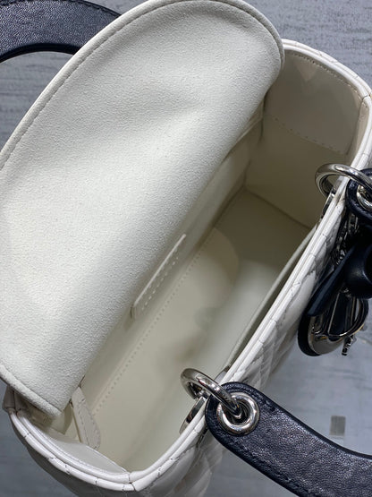 Dior Lady Dior Medium Bag White Cannage Lambskin Black Handle Bow Silver Hardware