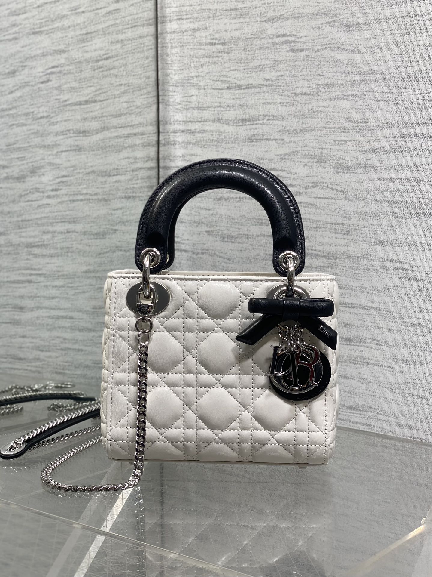 Dior Lady Dior Mini Bag White Cannage Lambskin Black Handle Bow Silver Hardware
