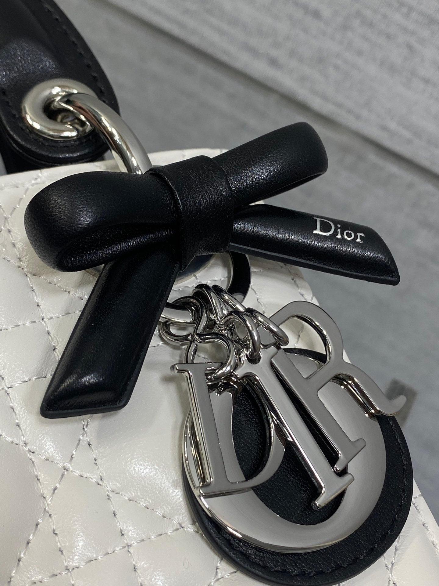 Dior Lady Dior Mini Bag White Cannage Lambskin Black Handle Bow Silver Hardware