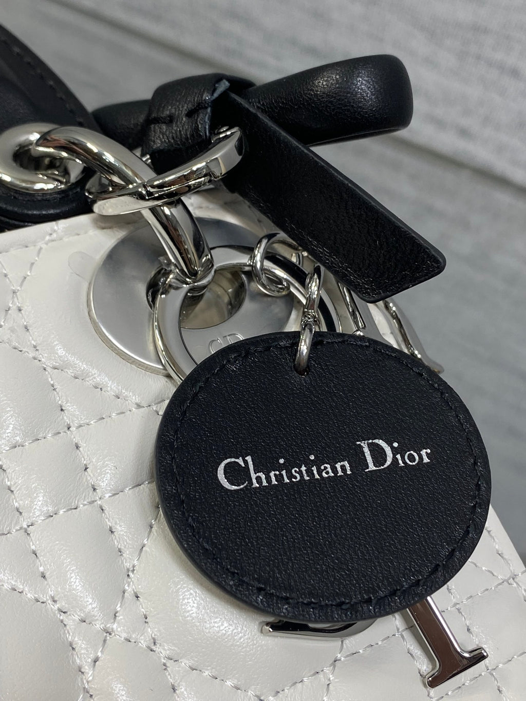 Dior Lady Dior Mini Bag White Cannage Lambskin Black Handle Bow Silver Hardware