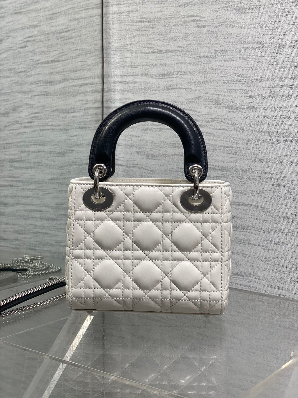 Dior Lady Dior Mini Bag White Cannage Lambskin Black Handle Bow Silver Hardware