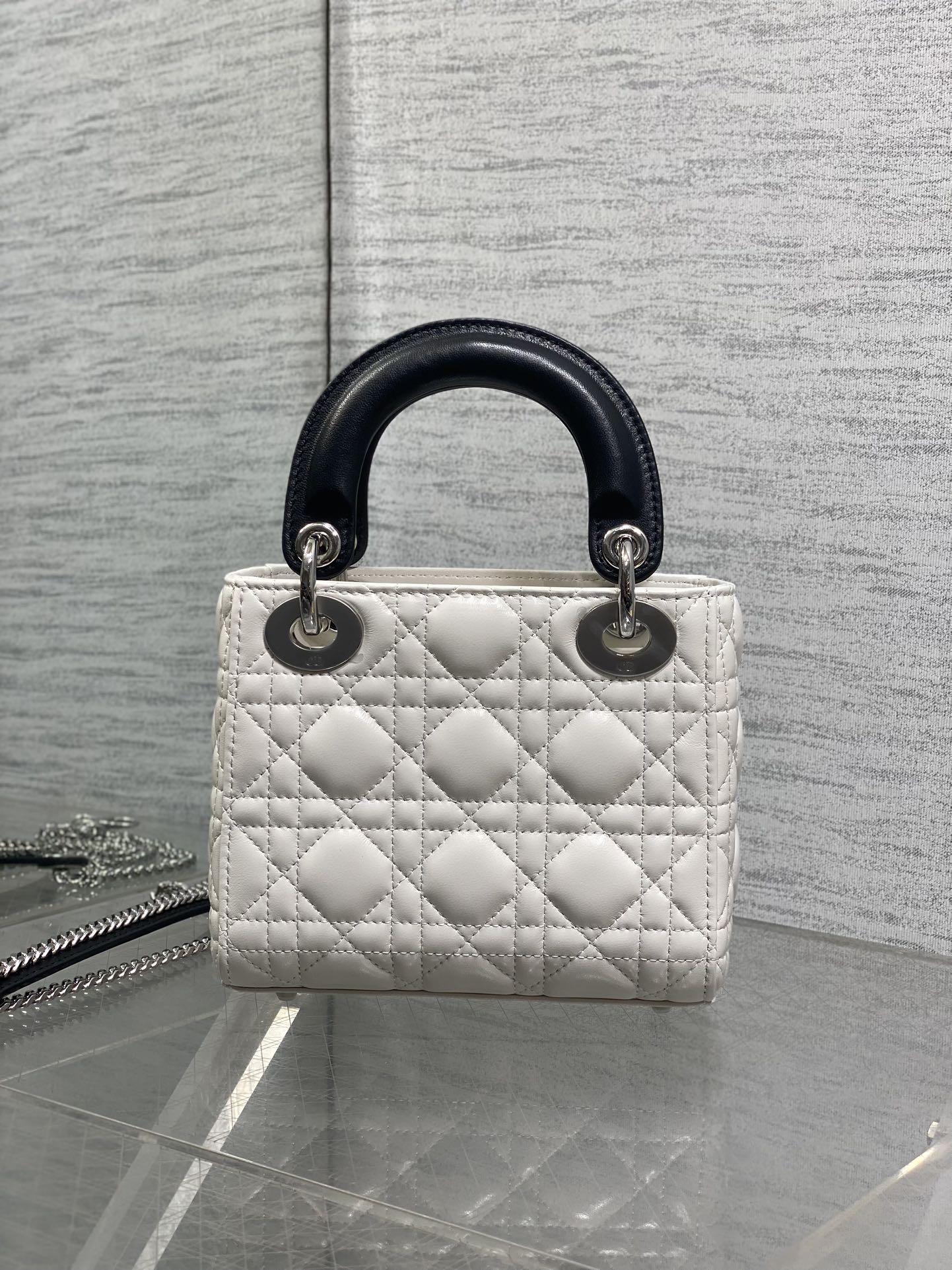 Dior Lady Dior Mini Bag White Cannage Lambskin Black Handle Bow Silver Hardware