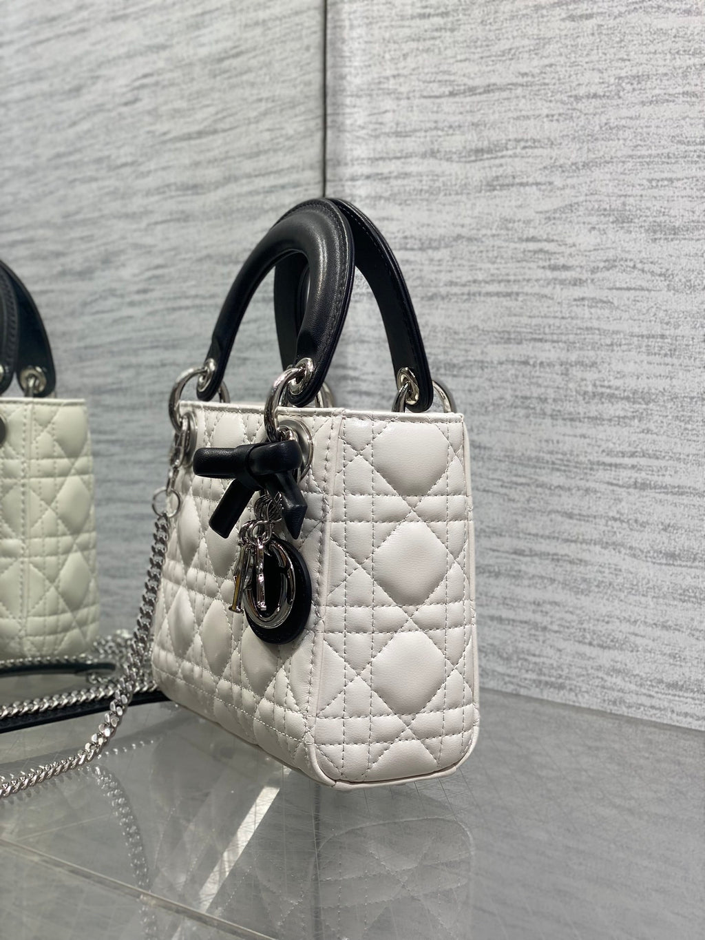 Dior Lady Dior Mini Bag White Cannage Lambskin Black Handle Bow Silver Hardware