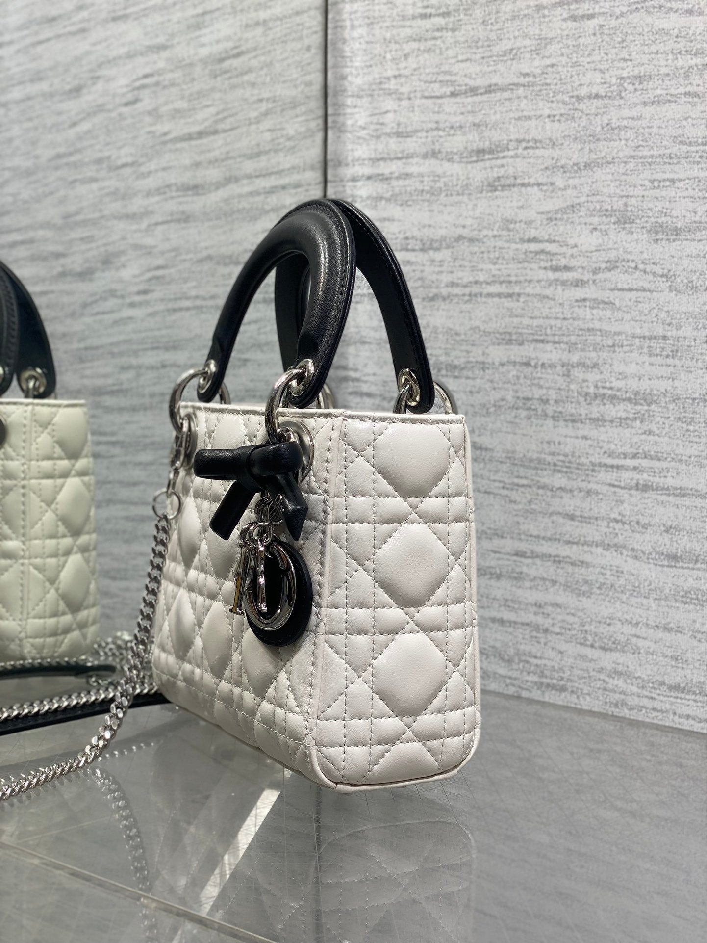 Dior Lady Dior Mini Bag White Cannage Lambskin Black Handle Bow Silver Hardware