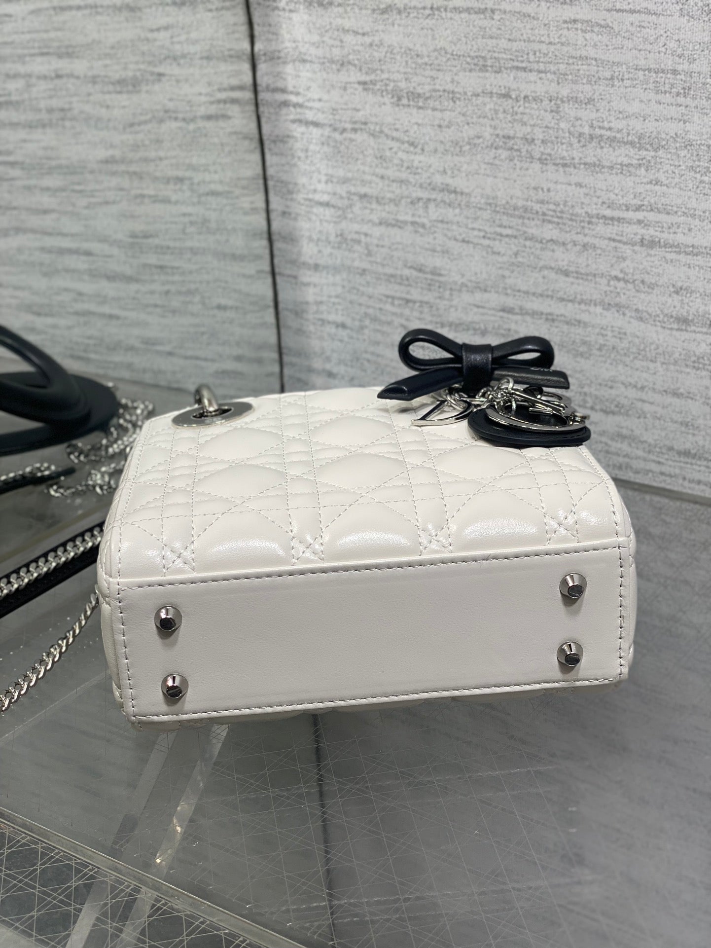 Dior Lady Dior Mini Bag White Cannage Lambskin Black Handle Bow Silver Hardware