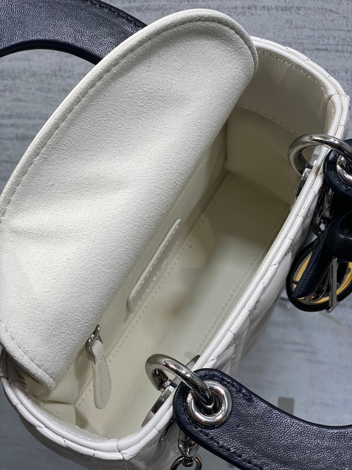 Dior Lady Dior Mini Bag White Cannage Lambskin Black Handle Bow Silver Hardware