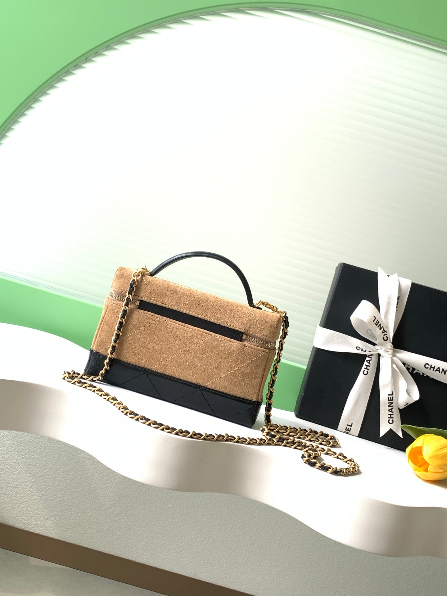 Chanel 26S Vanity Case Beige Suede Black Patent Leather Bicolor with Chain