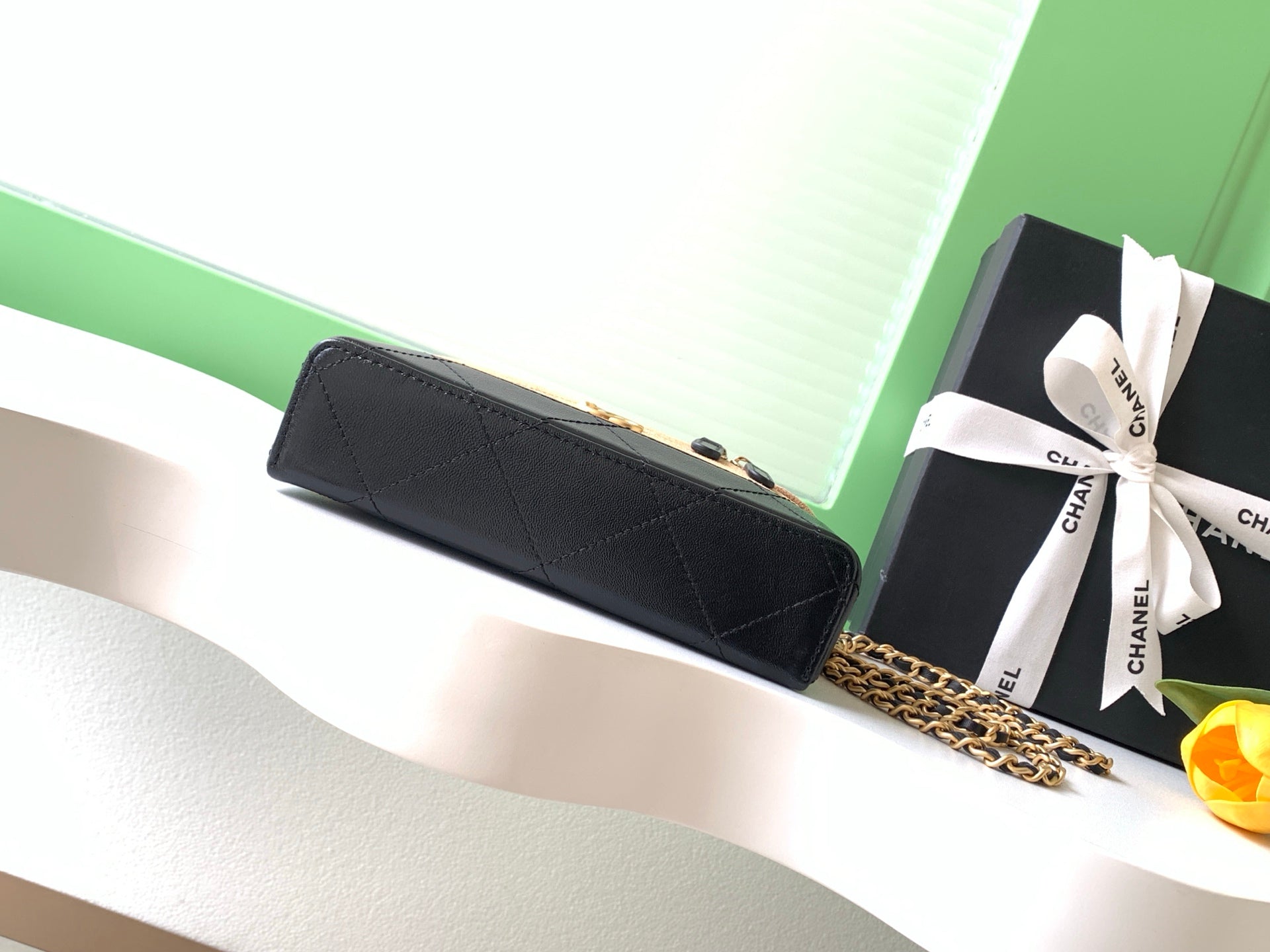Chanel 26S Vanity Case Beige Suede Black Patent Leather Bicolor with Chain