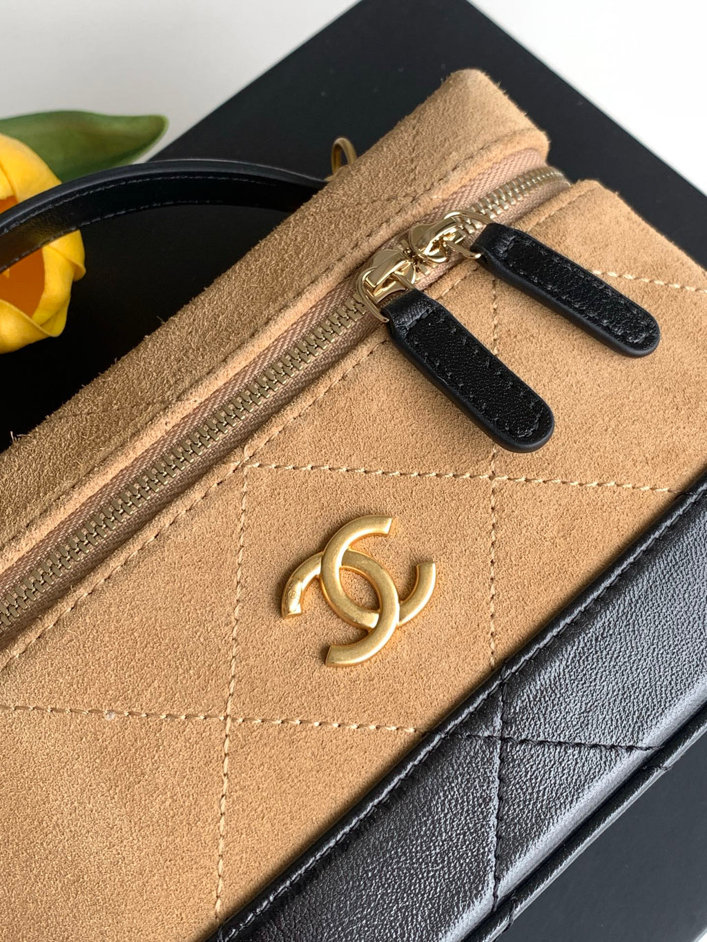 Chanel 26S Vanity Case Beige Suede Black Patent Leather Bicolor with Chain