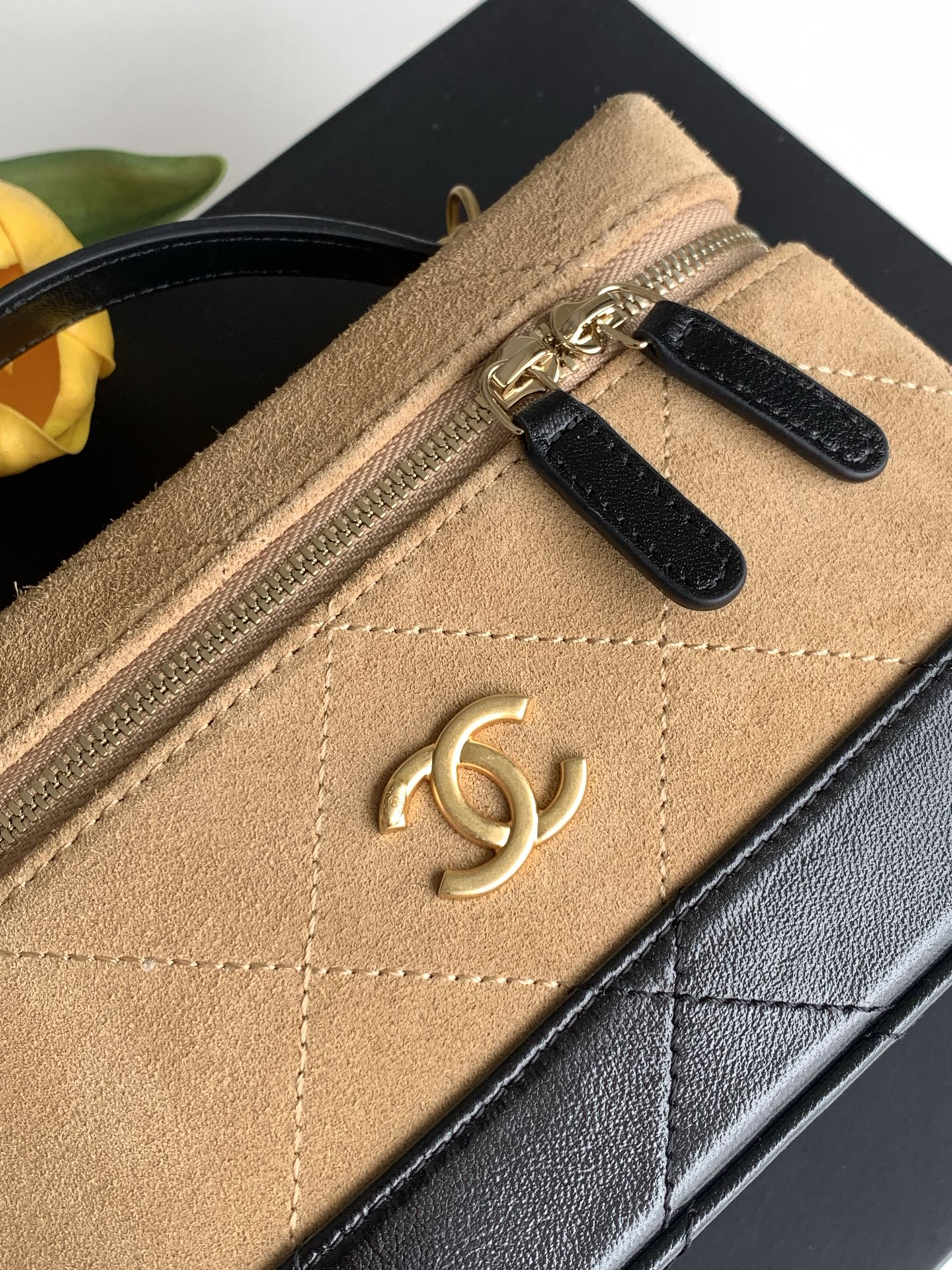 Chanel 26S Vanity Case Beige Suede Black Patent Leather Bicolor with Chain