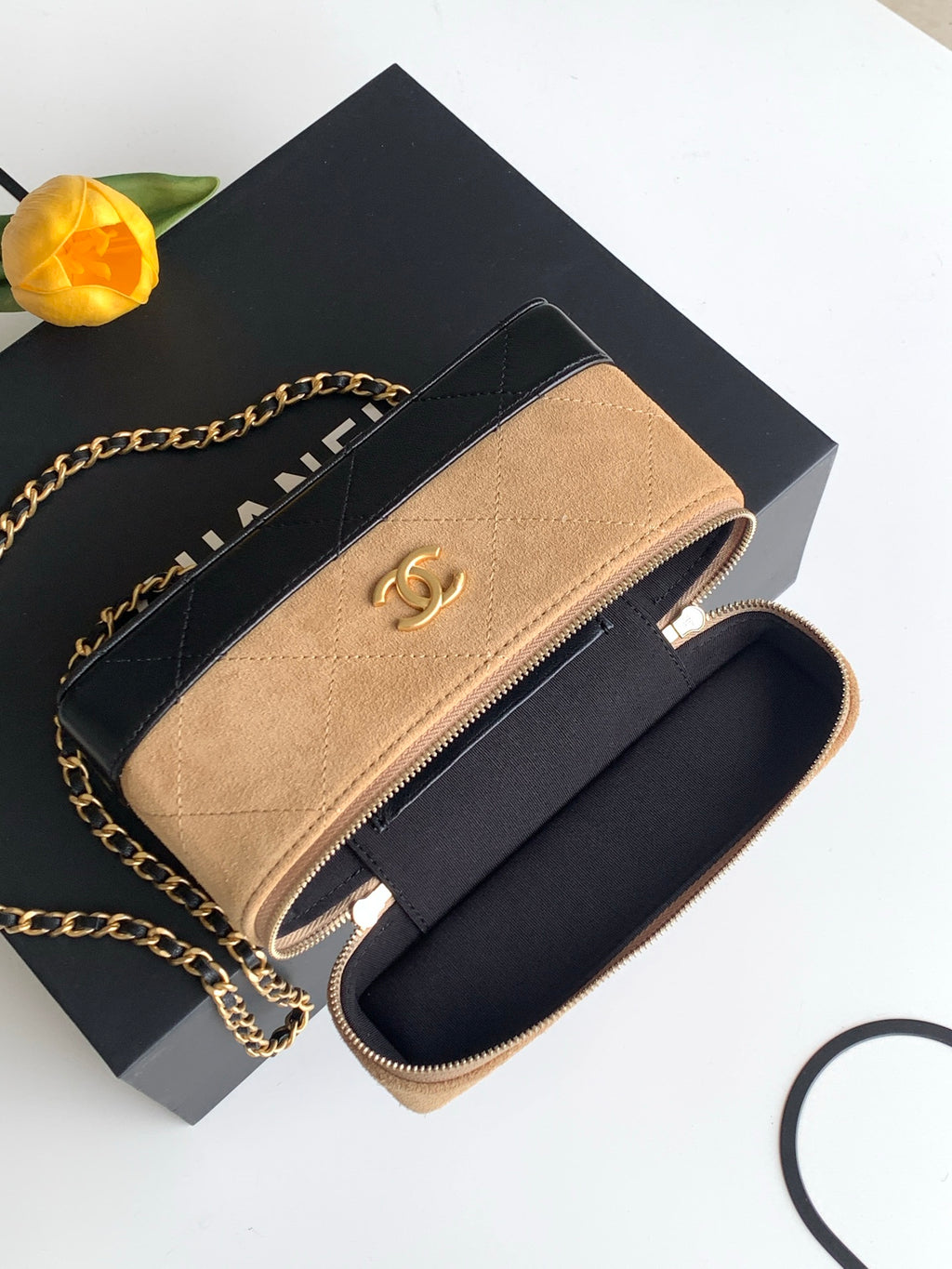 Chanel 26S Vanity Case Beige Suede Black Patent Leather Bicolor with Chain