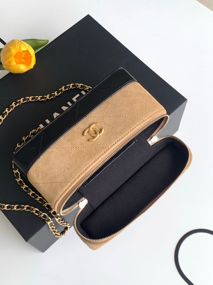 Chanel 26S Vanity Case Beige Suede Black Patent Leather Bicolor with Chain