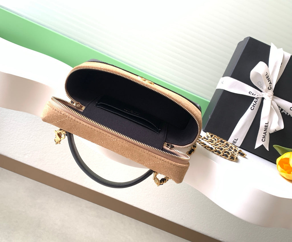 Chanel 26S Vanity Case Beige Suede Black Patent Leather Bicolor with Chain