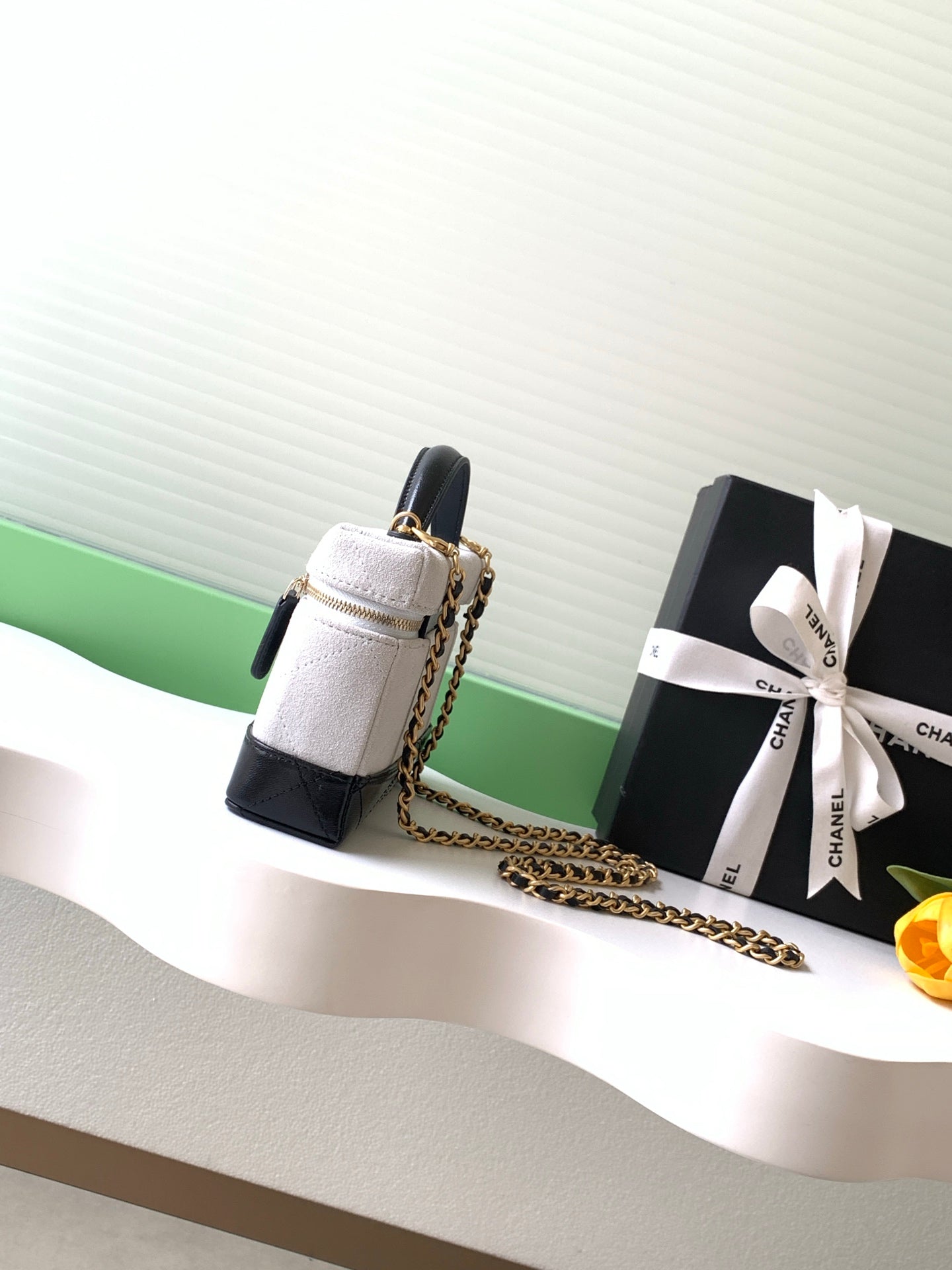 Chanel 26S Vanity Case — White Quilted Fabric & Black Lambskin with Gold Hardware