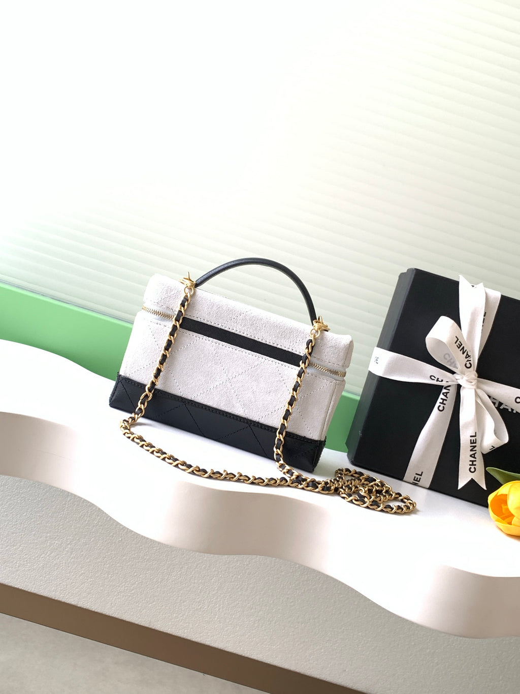 Chanel 26S Vanity Case — White Quilted Fabric & Black Lambskin with Gold Hardware
