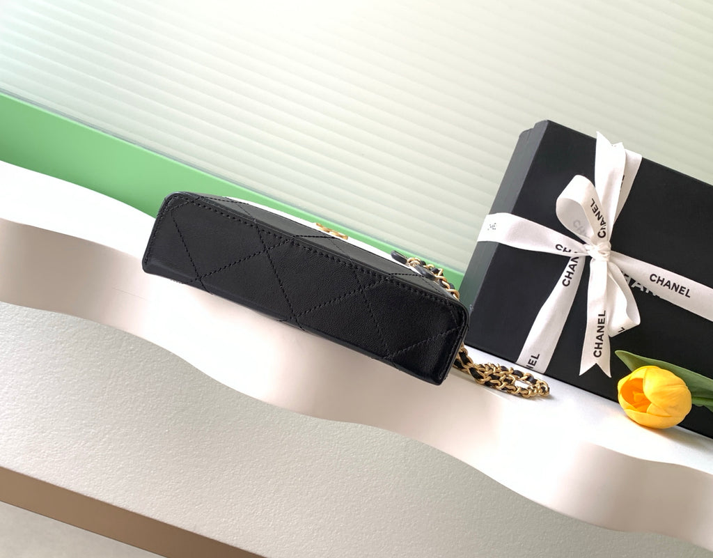 Chanel 26S Vanity Case — White Quilted Fabric & Black Lambskin with Gold Hardware