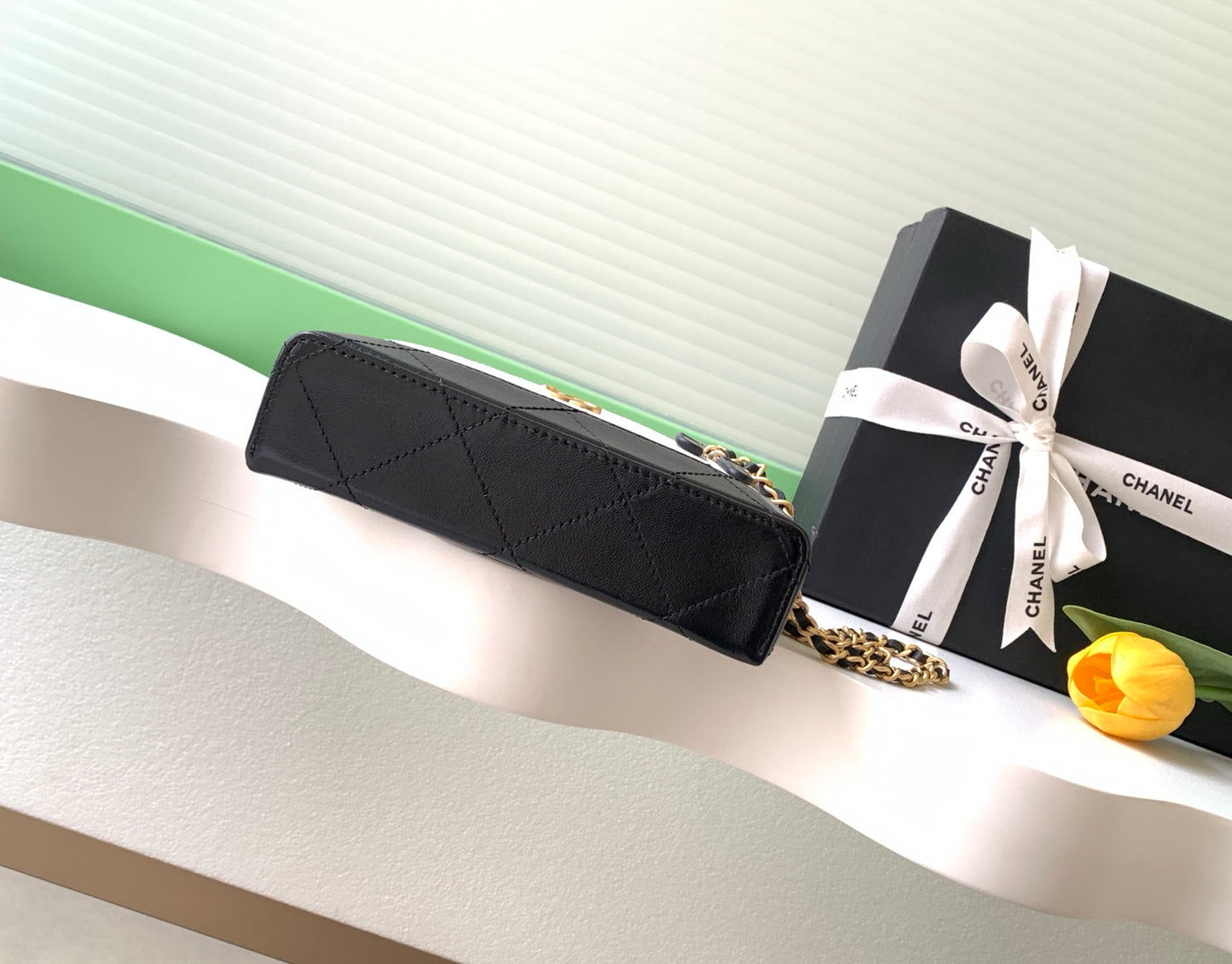 Chanel 26S Vanity Case — White Quilted Fabric & Black Lambskin with Gold Hardware