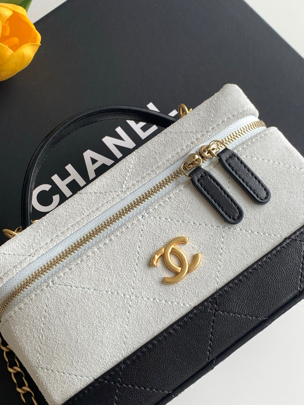 Chanel 26S Vanity Case — White Quilted Fabric & Black Lambskin with Gold Hardware