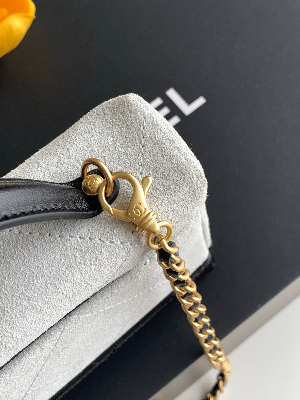 Chanel 26S Vanity Case — White Quilted Fabric & Black Lambskin with Gold Hardware
