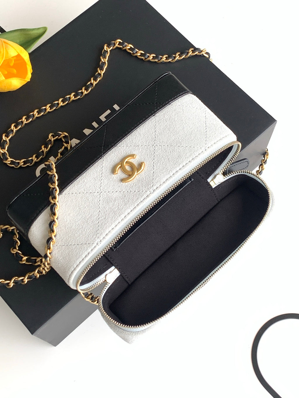 Chanel 26S Vanity Case — White Quilted Fabric & Black Lambskin with Gold Hardware