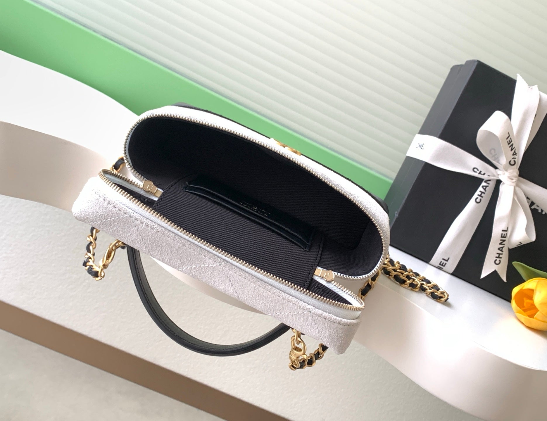 Chanel 26S Vanity Case — White Quilted Fabric & Black Lambskin with Gold Hardware