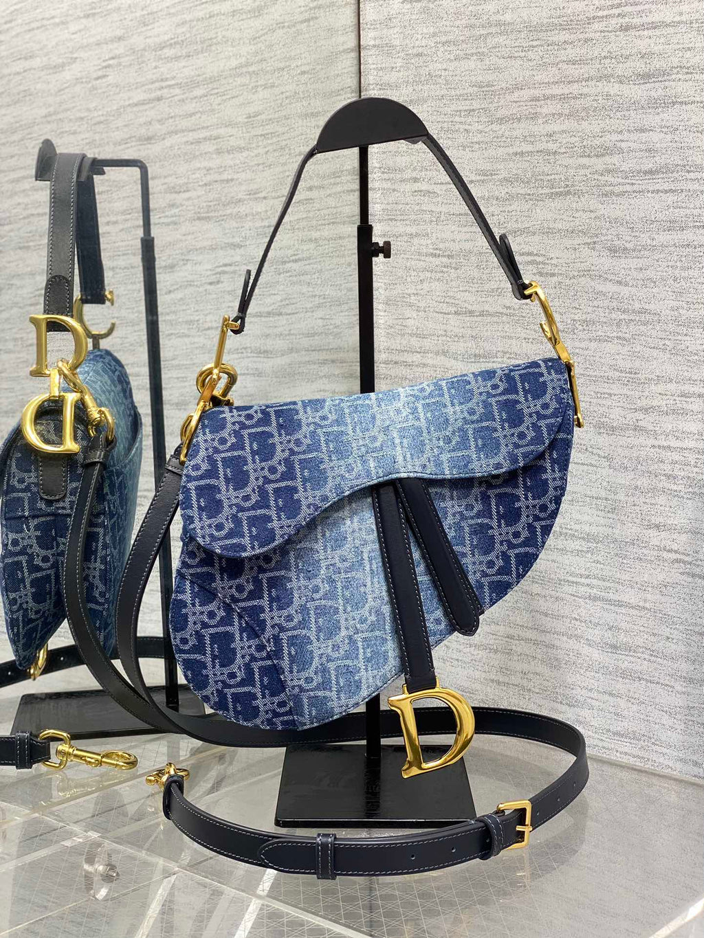 Dior Saddle Bag — Blue Denim Oblique Jacquard with Gold Hardware