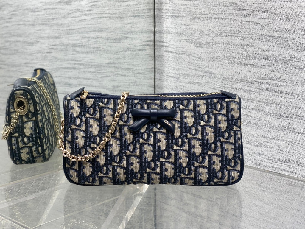 Dior Oblique Bow Chain Bag — Navy Oblique Jacquard Canvas with Black Leather Bow and Gold Hardware