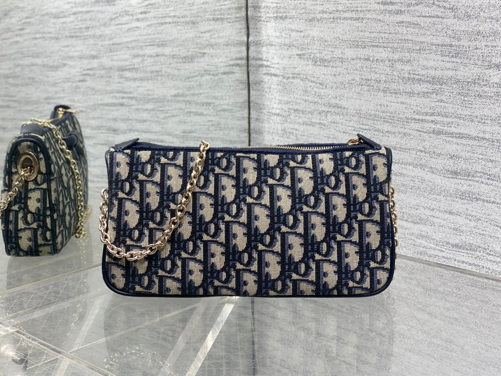 Dior Oblique Bow Chain Bag — Navy Oblique Jacquard Canvas with Black Leather Bow and Gold Hardware