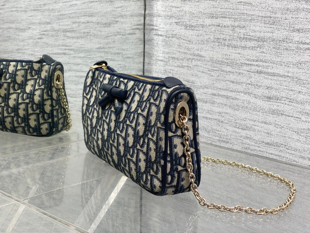 Dior Oblique Bow Chain Bag — Navy Oblique Jacquard Canvas with Black Leather Bow and Gold Hardware