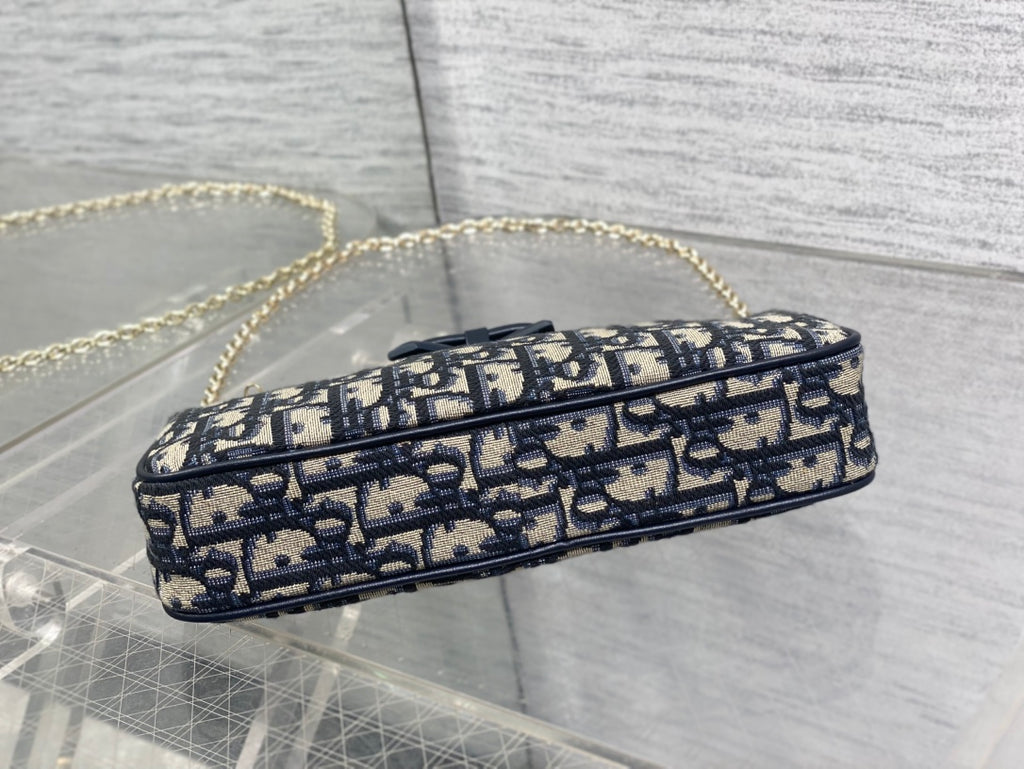 Dior Oblique Bow Chain Bag — Navy Oblique Jacquard Canvas with Black Leather Bow and Gold Hardware