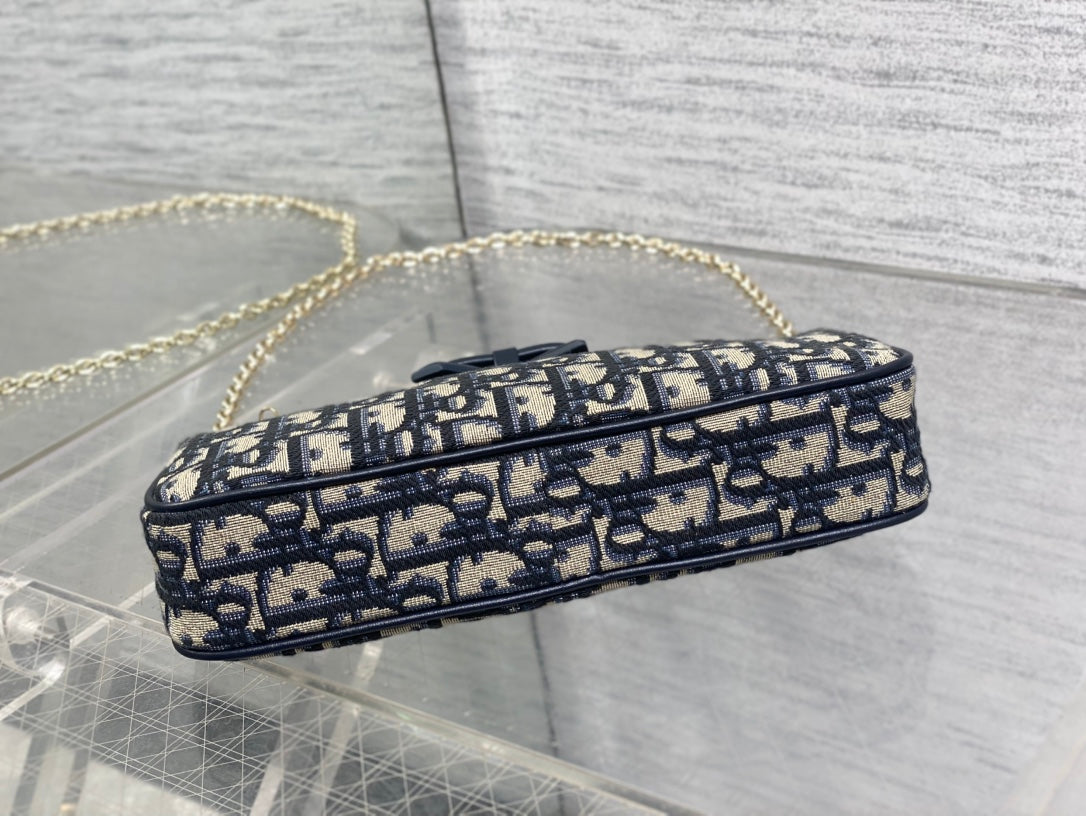 Dior Oblique Bow Chain Bag — Navy Oblique Jacquard Canvas with Black Leather Bow and Gold Hardware