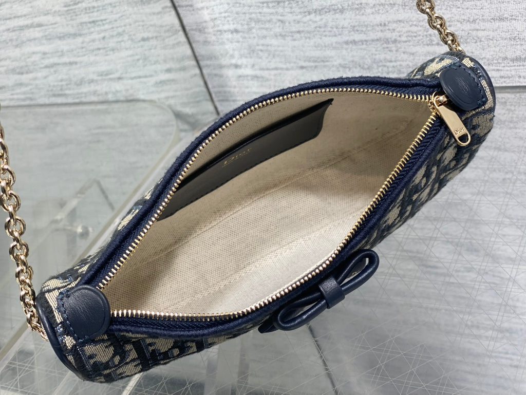 Dior Oblique Bow Chain Bag — Navy Oblique Jacquard Canvas with Black Leather Bow and Gold Hardware