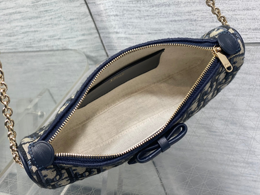 Dior Oblique Bow Chain Bag — Navy Oblique Jacquard Canvas with Black Leather Bow and Gold Hardware