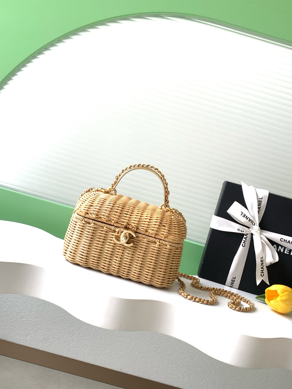Chanel 26C Wicker Box Bag — Natural Rattan with Gold Hardware