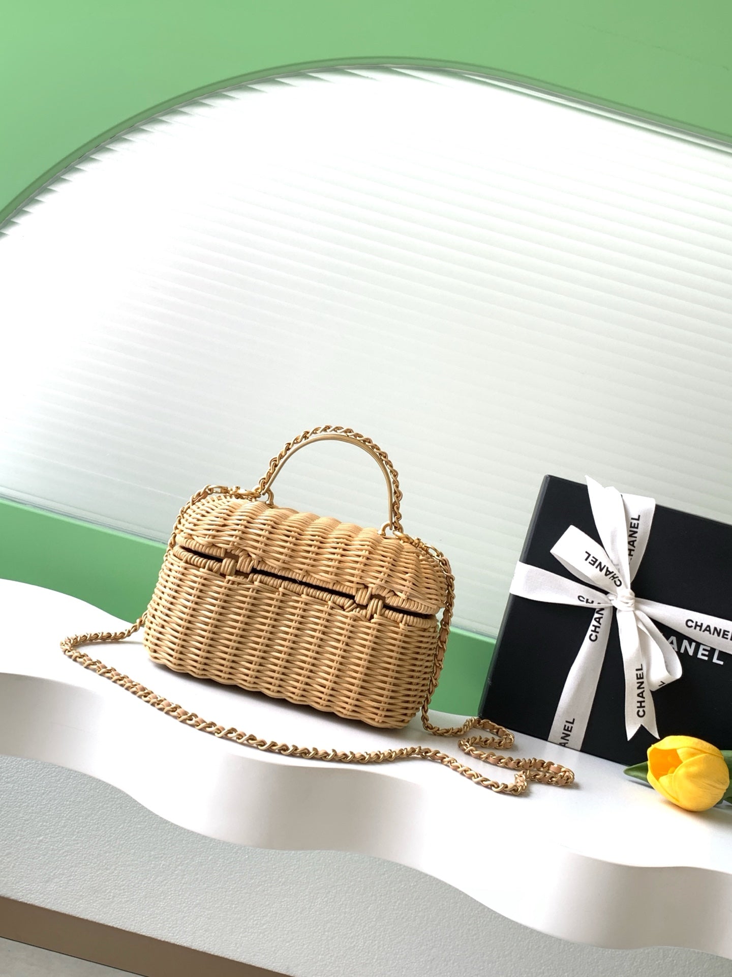 Chanel 26C Wicker Box Bag — Natural Rattan with Gold Hardware