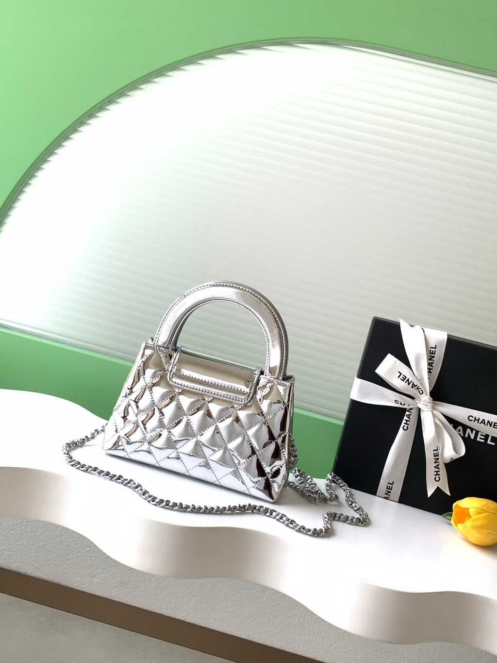 Chanel 26C Kelly Bag — Silver Quilted Patent Leather with Silver Hardware