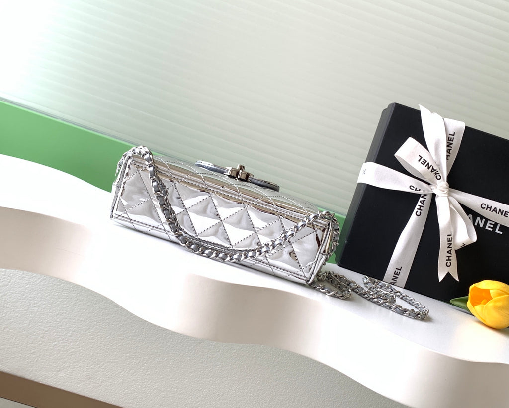 Chanel 26C Kelly Bag — Silver Quilted Patent Leather with Silver Hardware