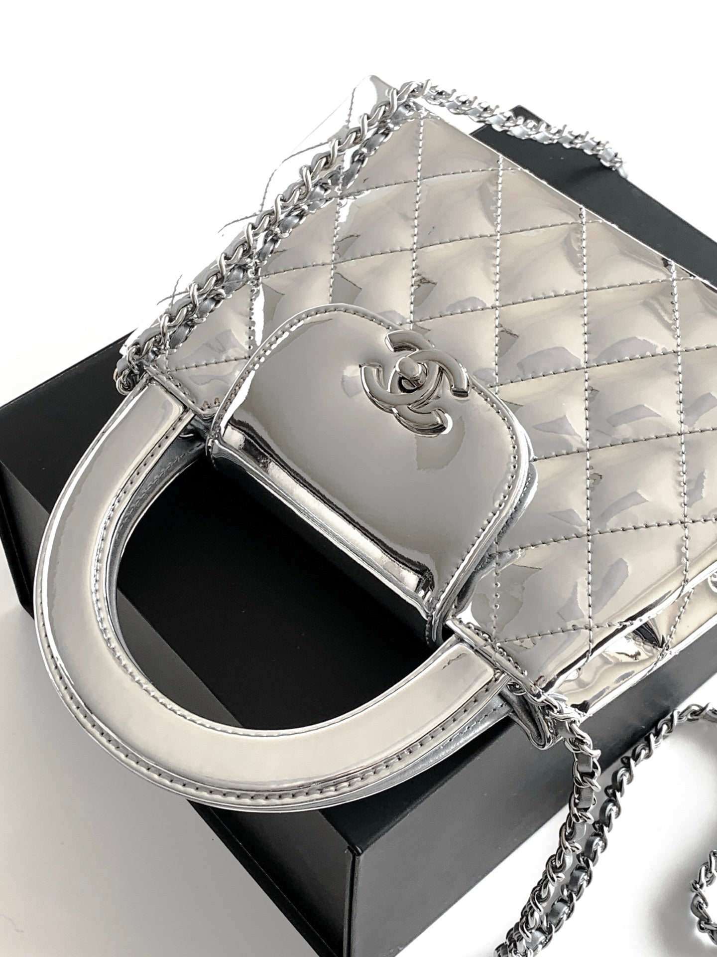 Chanel 26C Kelly Bag — Silver Quilted Patent Leather with Silver Hardware