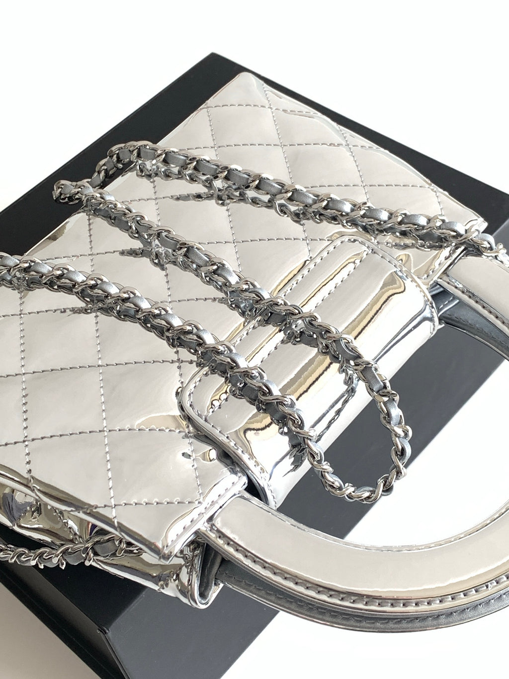 Chanel 26C Kelly Bag — Silver Quilted Patent Leather with Silver Hardware